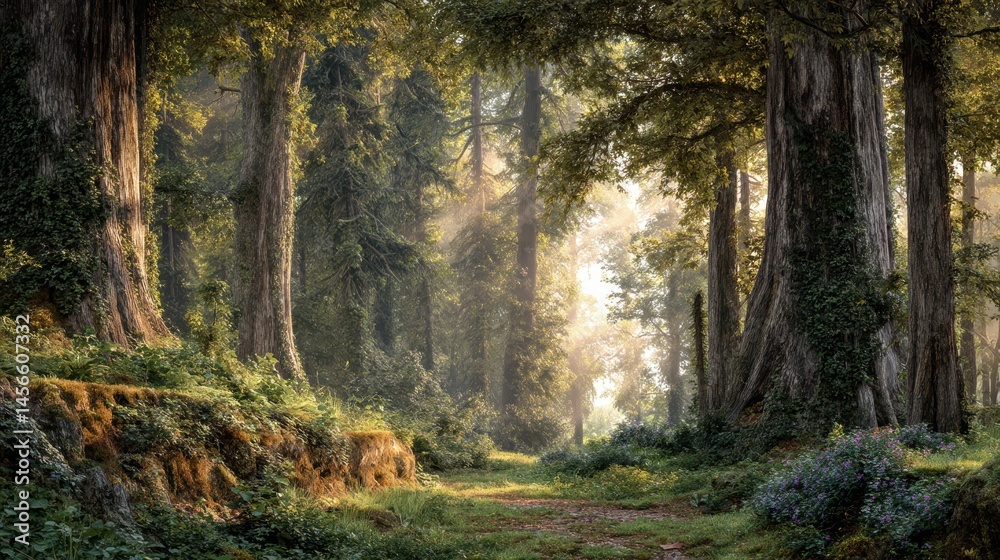 Obraz premium Golden hour illuminates a majestic ancient forest, where sunlight spills through the tall trees, creating ethereal beams amidst lush vegetation. A serene path meanders through the vibrant landscape