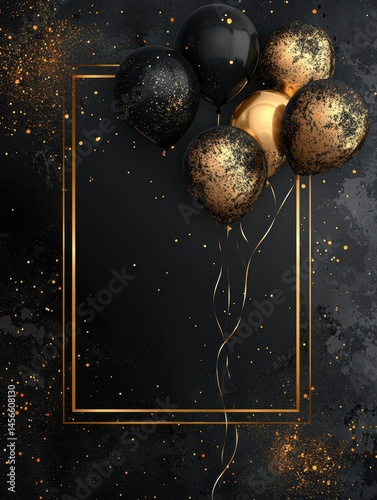 Elegant black and gold balloons float against a dark textured background with a golden frame for copy space