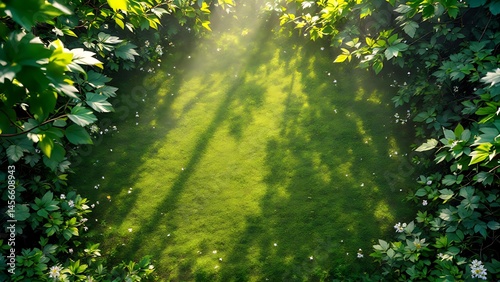 Sunlight filtering through lush green leaves, casting dappled shadows on the ground.