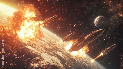 Fiery Space Warfare: Missiles Engulfed in Explosions Over a Planet