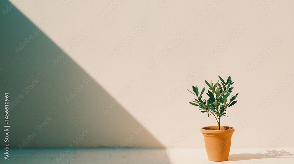 Minimalist Plant in a Pot Casting Shadows on a Sunlit Wall Minimalist Plant in a Pot Casting Shadows on a Sunlit Wall