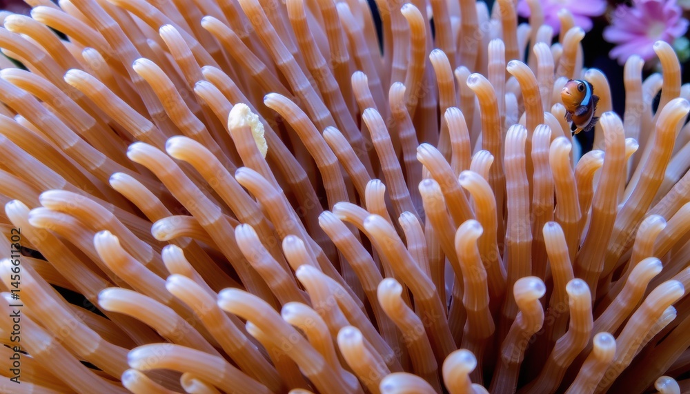 Colorful sea anemone with a clownfish hiding inside. Colorful sea anemone with a clownfish hiding inside.
