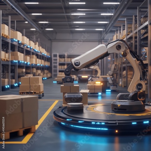 A robotic arm sorts packages in a modern automated warehouse with shelves, boxes, and advanced logistics technology.