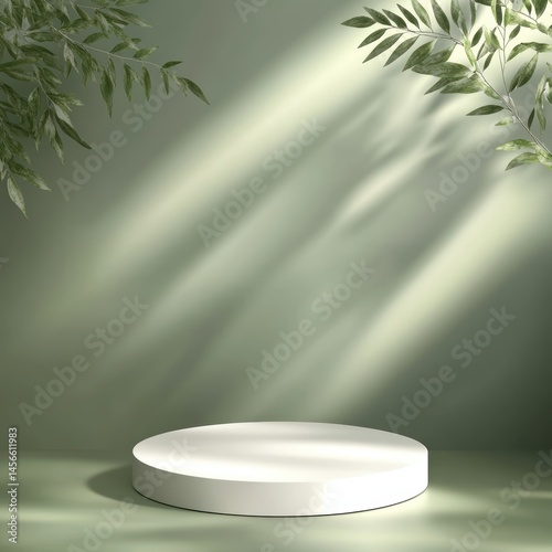 Minimalist product display with white podium and leaf shadows on green wall studio shot for beauty or cosmetic presentation