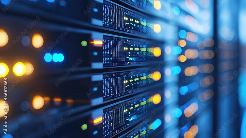 Close-up of glowing server racks with colorful indicator lights in a modern data center, symbolizing cloud technology, digital infrastructure, and secure data storage systems Close-up of glowing server racks with colorful indicator lights in a modern data center, symbolizing cloud technology, digital infrastructure, and secure data storage systems