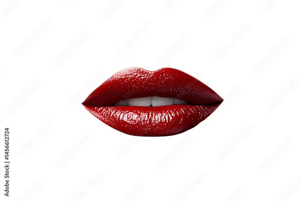 Obraz premium Detailed close-up of glossy red lips showing perfect teeth, radiating allure and intensity, isolated on a transparent background