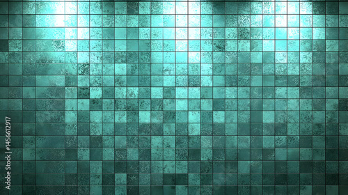 Teal square tiles with spotlights.  A textured wall of small square tiles in a teal color, lit by three spotlights.  The tiles appear slightly distressed or worn