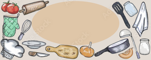 Banner with kitchen utensil. Hand draw pencil texture. Vector, isolated. Cartoon style