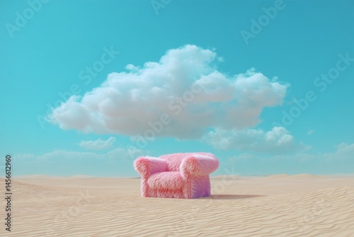 A ‘Fluffy magenta chair amidst desert’ is set against a creative minimalistic surreal background, generated by AI