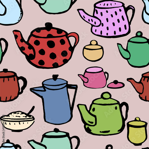 Pattern with different colorful pots. Hand draw doodle, ink. Vector, isolated.