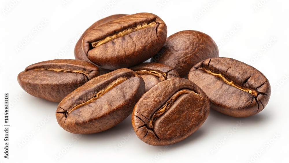 Obraz premium Close-up of Roasted Coffee Beans A Pile of Six, Macro Photography, White Background, Brown Tones, High Resolution, Aromatic, Caffeine