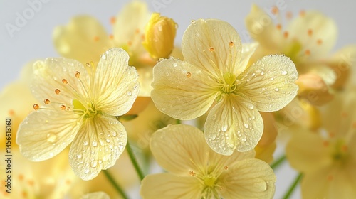 Cassia flowers with visible sap droplets on stems, natural plant physiology revealed