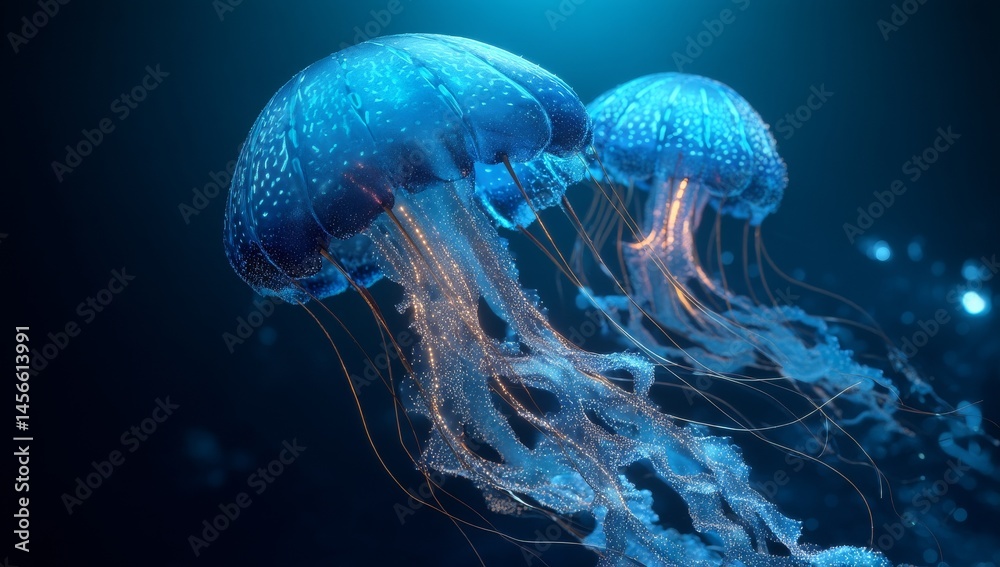 Fototapeta premium Glowing jellyfish float in the deep sea, producing a surreal underwater bioluminescent scene in the dark abyss