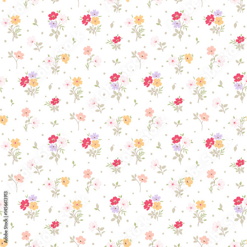 Flower pattern, ditsy floral seamless pattern. Small little flower background. Repeat pattern. Ditsy print. Botanic surface design. Ditsy floral flower pattern for fashion, fabric, wrapping, decor