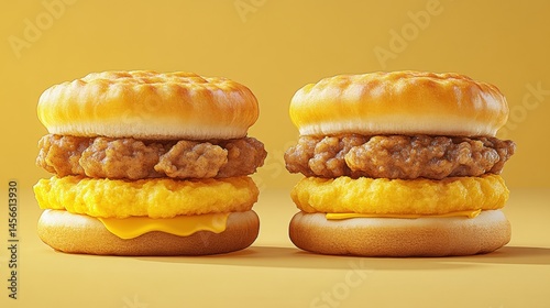 Two delicious chicken biscuit breakfast sandwiches with egg and cheese sit on a yellow background, a mouthwate meal ready to be enjoyed any time of day.
