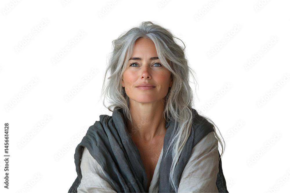 Graceful woman with flowing silver hair, serene smile, wrapped in layered natural-toned shawls, isolated on a transparent background Graceful woman with flowing silver hair, serene smile, wrapped in layered natural-toned shawls, isolated on a transparent background