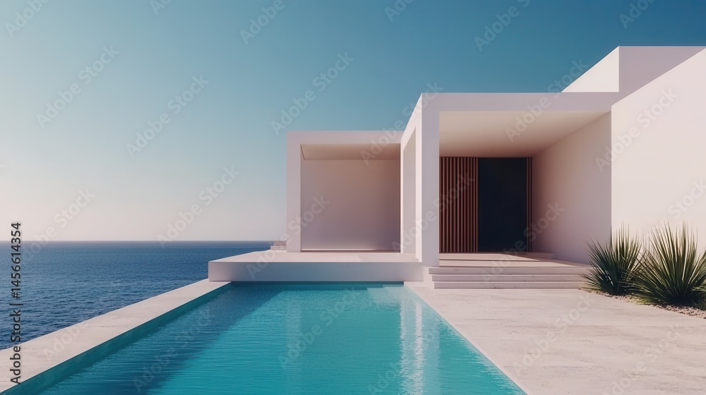 Fototapeta premium Modern Minimalist Architecture with Infinity Pool by Ocean View