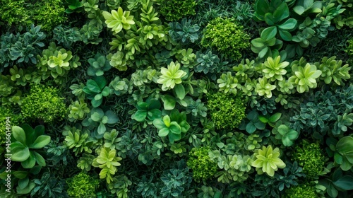 Green foliage background with lush leaves in natural arrangement pattern.