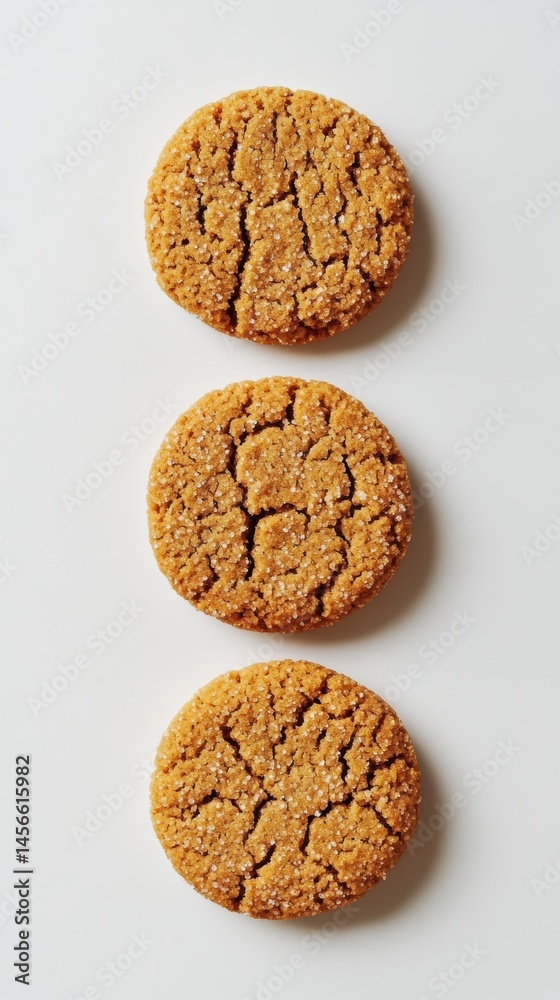 Three Delicious Ginger Snap Cookies on a White Background Ready to be Enjoyed with Coffee or Tea Three Delicious Ginger Snap Cookies on a White Background Ready to be Enjoyed with Coffee or Tea