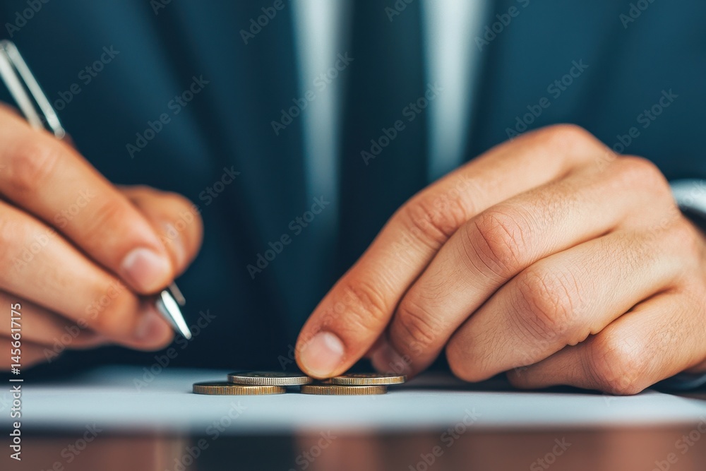 Fototapeta premium Businessman Writing Notes Next to Stacks of Coins on a Table
