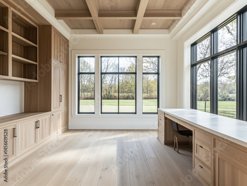 Bright home office interior showcasing custom cabinetry and large windows overlooking green landscape in modern residential design