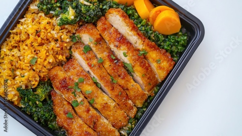 A delicious and colorful healthy meal prep container with sliced chicken breast, broccoli, cauliflower rice, and carrots is ready to be enjoyed for lunch.