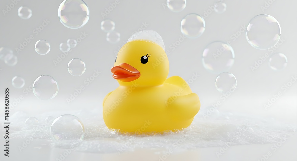 Cute rubber duck surrounded by bubbles on a white background