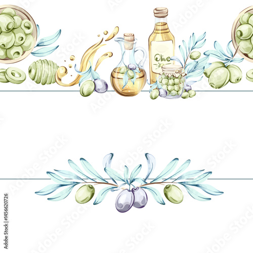 Watercolor illustrations of olives and olive oil inspired by Italian cuisine and nature frame, border, arrangement