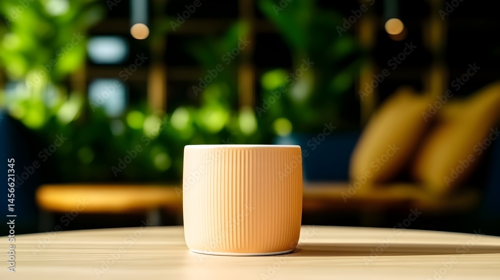 Fototapeta premium A pale orange ceramic mug sits on a light wood table in a sunlit room. Lush greenery and comfortable seating blur in the background