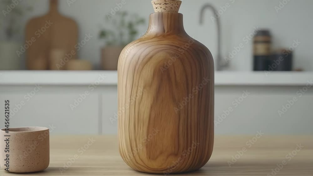 Minimalist kitchen still life featuring a wooden bottle with cork stopper and small ceramic cup on a light wood table in a bright, clean modern home.