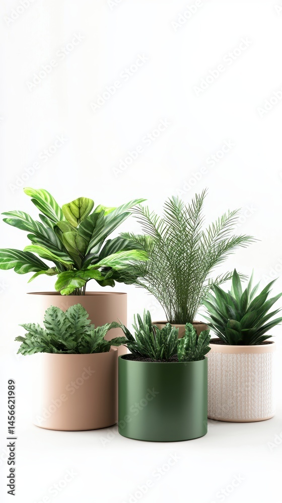 Obraz premium Assorted Potted Plants Displayed Against a Clean White Background, Eye-Level Studio Shot, Demonstrating Indoor Gardening and Home Decor