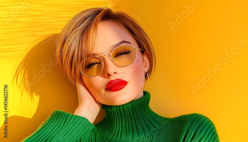 A woman with short blonde hair and red lips, wearing round sunglasses and a green turtleneck sweater, poses against a vibrant yellow background.  Sunlight casts a shadow