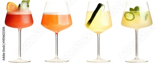 Four colorful summer cocktails in elegant glasses