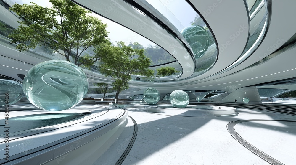 Obraz premium A futuristic city with white, green, and brown architecture evokes a sense of wonder and possibility with its surreal appearance