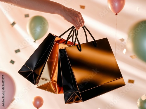 Hand holding paper shopping bags with bold black and gold design, Black Friday sale mood, clean studio setup 