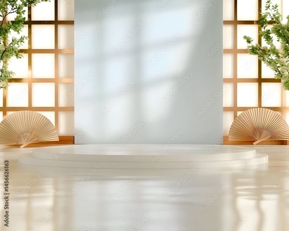Obraz premium Minimalist serene scene with a white circular platform, light wood lattice screens, and hand fans. Sunlight streams through