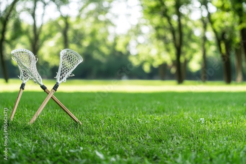 Two lacrosse sticks crossed on green grass with blurred background photo