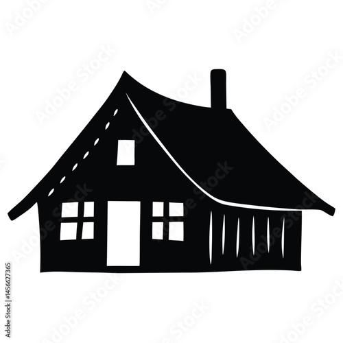 Traditional Village House Silhouette Vector Featuring Thatched Roof and Rural Architecture Style