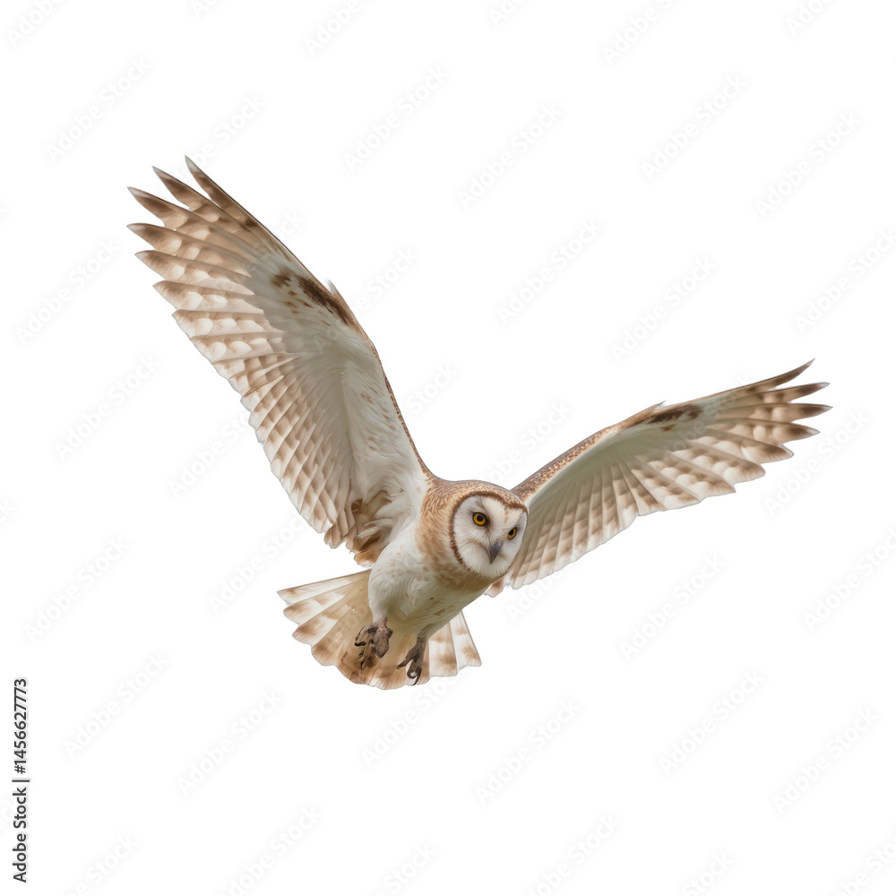 Obraz premium Majestic owl soaring gracefully, large wings spread wide, showcasing detailed feather patterns, conveying freedom and wisdom. Isolated on white background or PNG