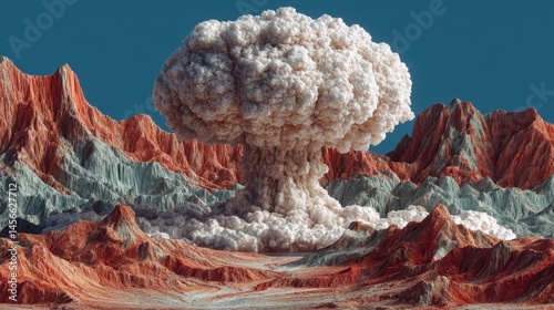 A powerful nuclear explosion produces a towering mushroom cloud against a backdrop of jagged mountains. Vibrant red and white colors dominate the landscape, showcasing the aftereffects of the blast