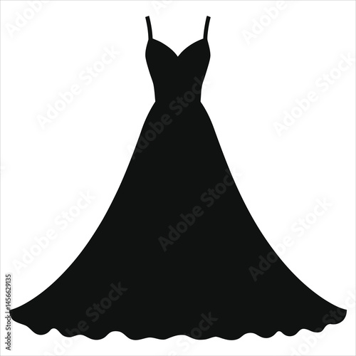 Elegant Black Formal Dress Vector Silhouette Against a White Background/A simple, elegant silhouette of a black formal gown.
