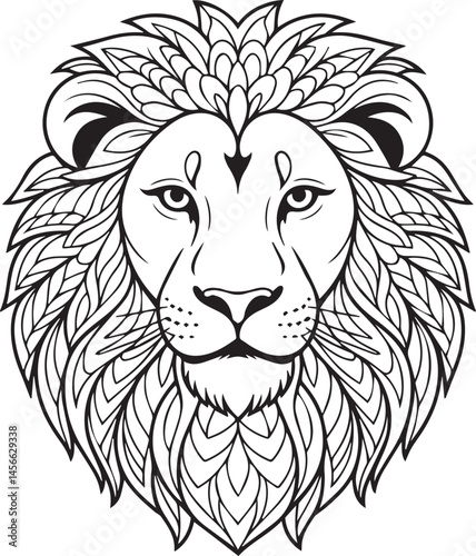 Lion head mandala detailed coloring page for adults, black line art vector illustration for design elements