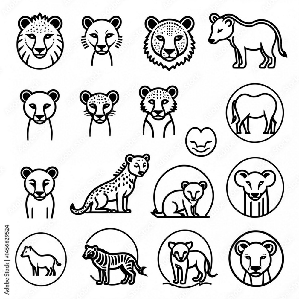 Fototapeta premium 大型ネコ科動物の顔アイコン集|Big Cats Face Icon Collection
