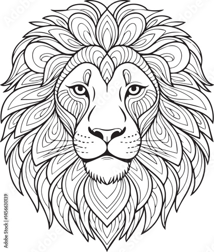 Lion head mandala detailed coloring page for adults, black line art vector illustration for design elements