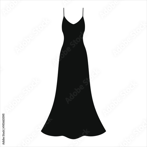 Elegant Black Evening Gown Vector Silhouette Against a White Background/A simple, stylish silhouette of a black evening gown with spaghetti straps.