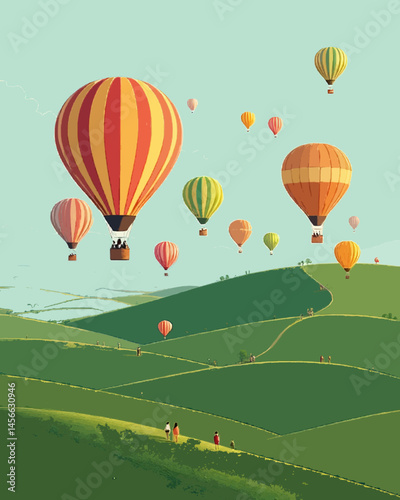 A whimsical vector scene of a hot air balloon festival over rolling green hills.