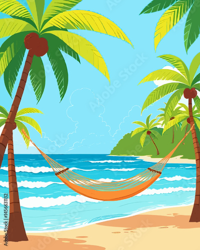 A tropical island scene with palm trees, waves, and a hammock, in a vibrant flat design style.
