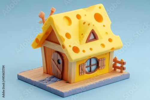A house constructed from cheese is situated in a fantasy setting, accompanied by a vibrant and dreamy landscape, as depicted in a colorful illustration generated by stock