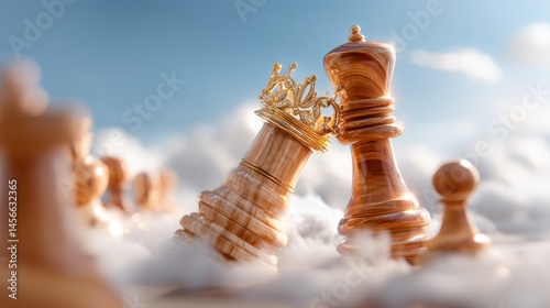 A dreamlike setting features chess pieces dispersed throughout a massive, non-representational landscape