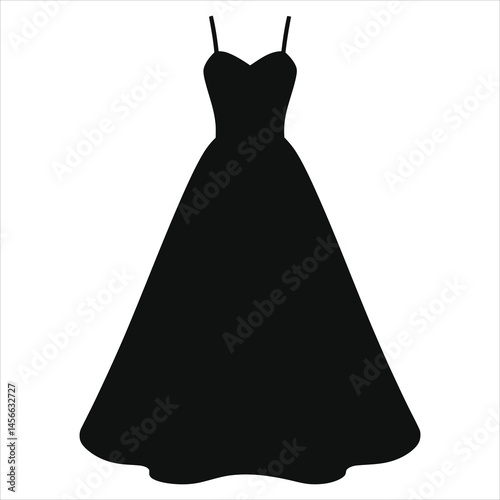 Elegant Black Evening Gown Vector Silhouette Against a Simple Background/A simple, elegant silhouette of a black evening gown with spaghetti straps, a sweetheart neckline, and a full, flowing skirt.